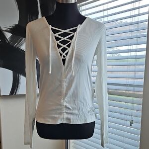 Harley-Davidson White Ribbed Lace-Up Long Sleeve Top